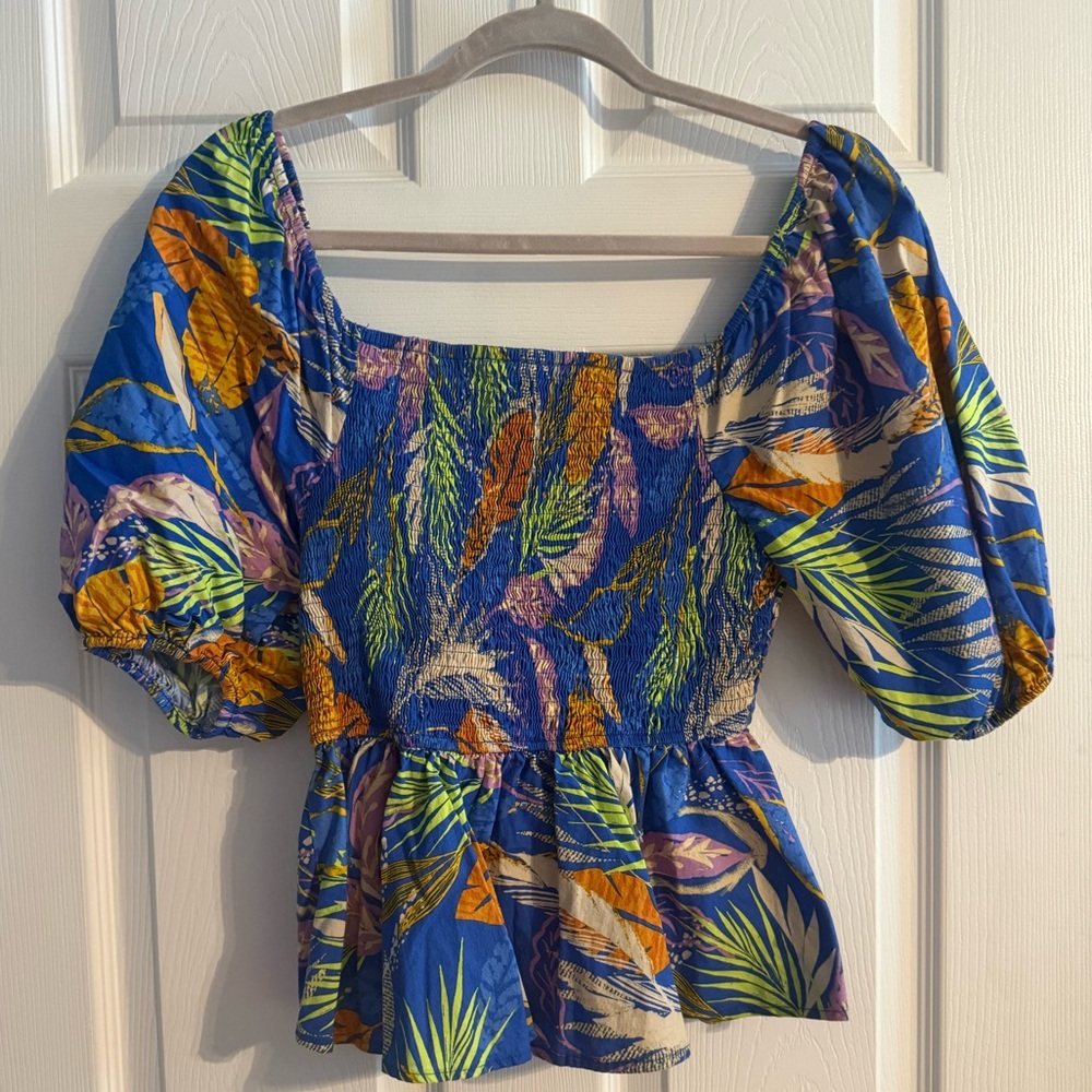Flying Tomato Tropical Print Smocked Top Puff Sleeve Peplum Size‎ L
